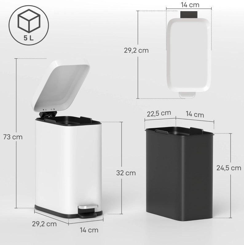 Pattumiera a pedale 5 L in metallo bianco con secchio interno