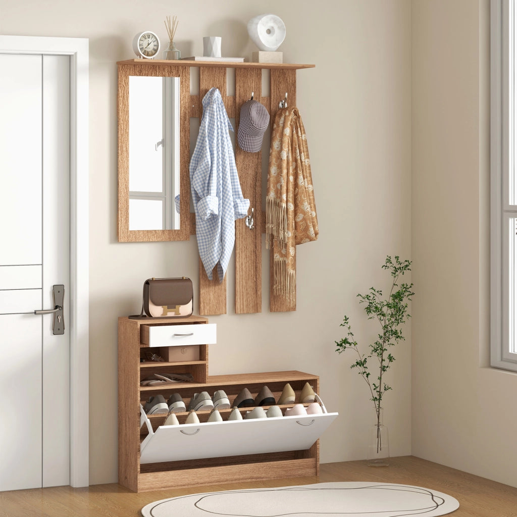 Mobile Appendiabiti 3 in 1 con Scarpiera e Specchio, Ganci e Cassetti, in Legno, 90x24x177 cm, Bianco e Noce