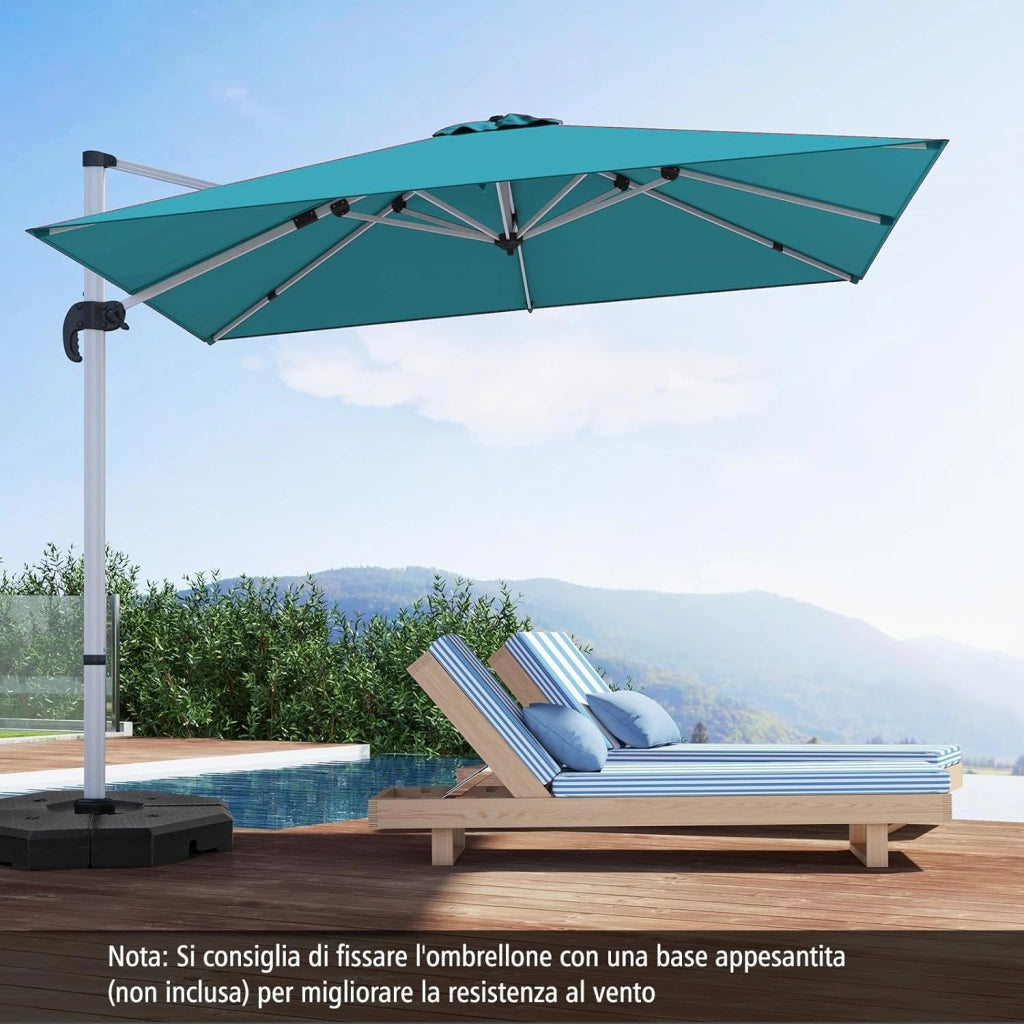Ombrellone da Giardino, con Base Incrociata, Ombrellone Quadrato da Esterno con Palo in Alluminio e Girevole a 360Â°, Manovella e Inclinazione Regolabile, 300 x 300 cm (Blu)