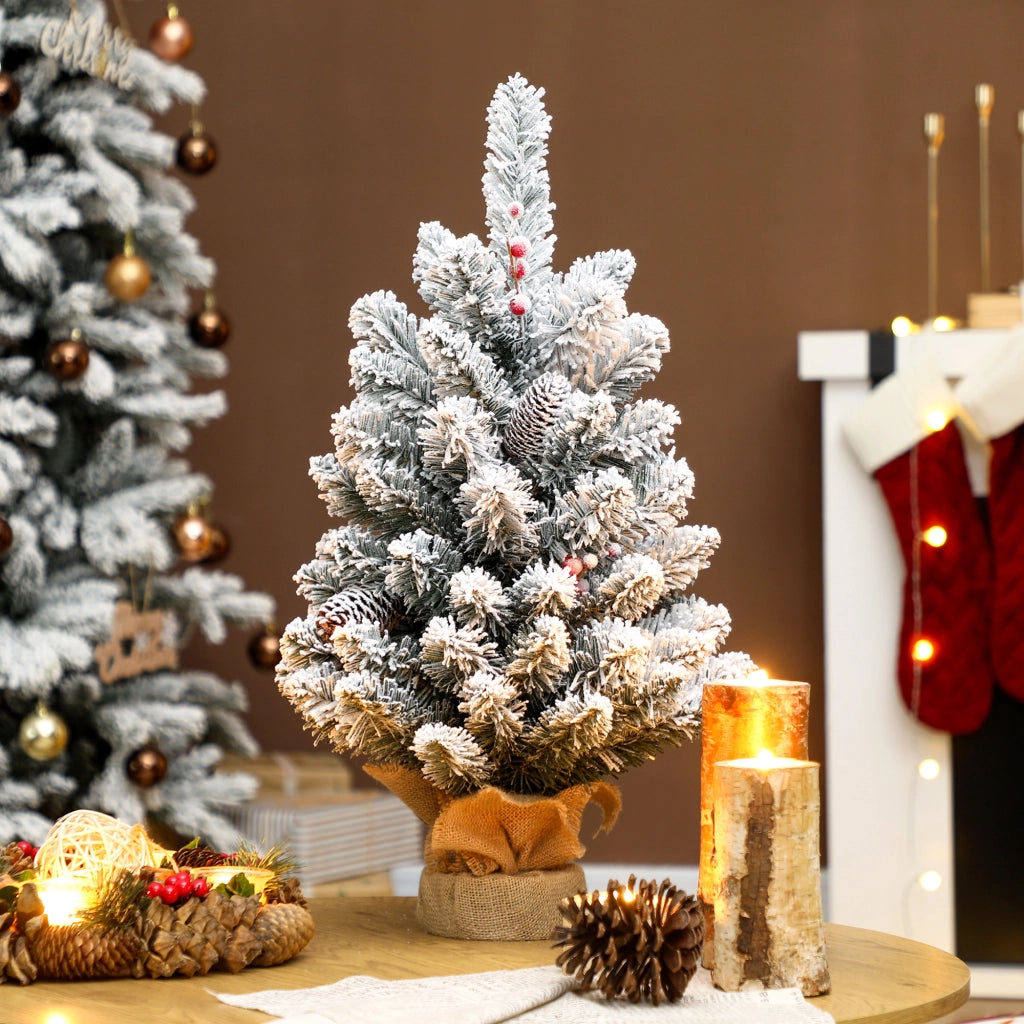 Albero di Natale Piccolo Alto 60 cm con 72 Rami Innevati, Pigne e Bacche Rosse, Verde