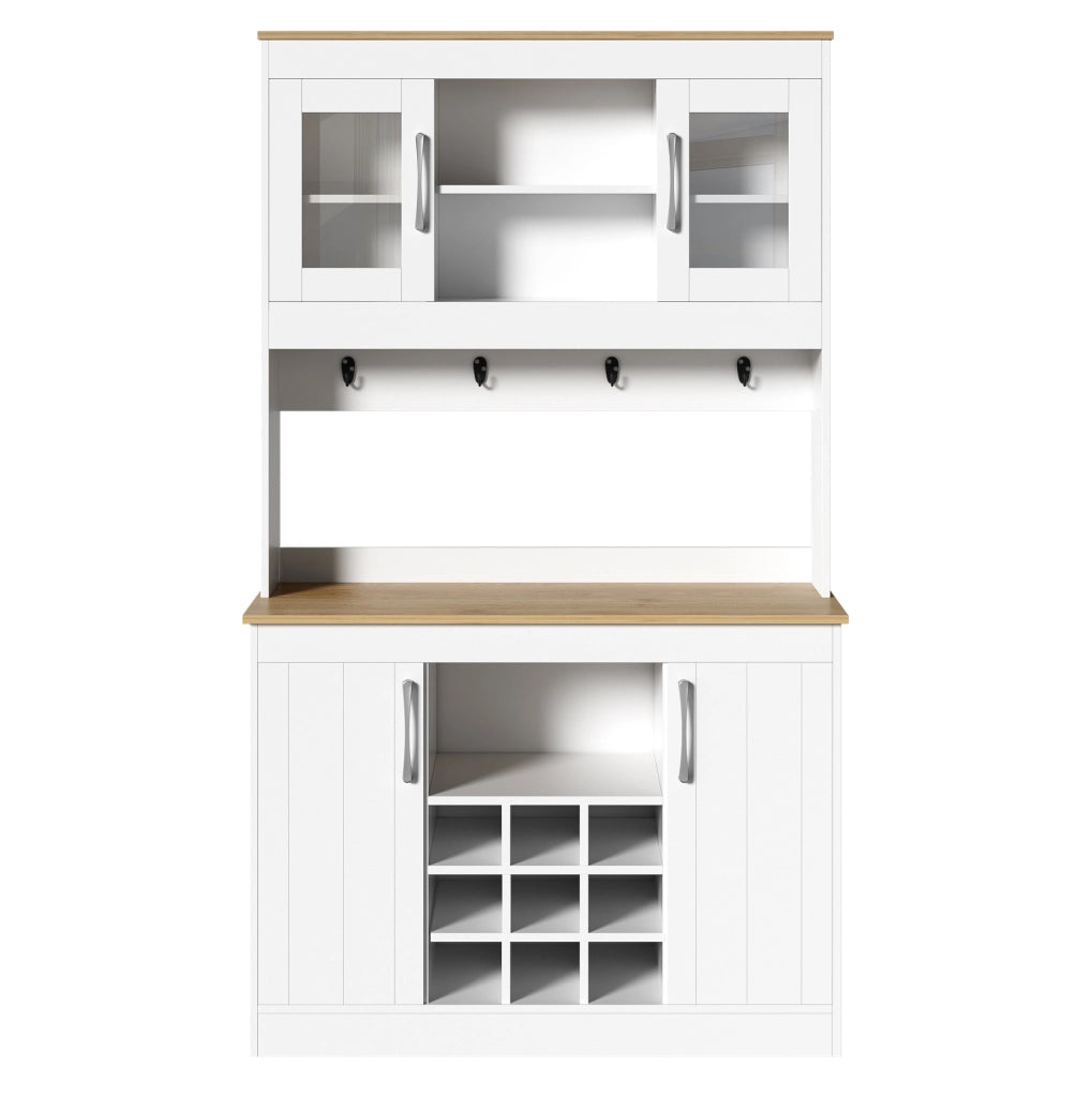 Credenza cucina 106x39x175 cm bianco e legno con vetrine