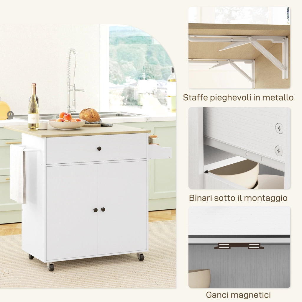 Carrello da Cucina Piano a Ribalta Isola Multiuso con Portaspezie e Portasciugamani 106x42x87 cm Rivestimento in