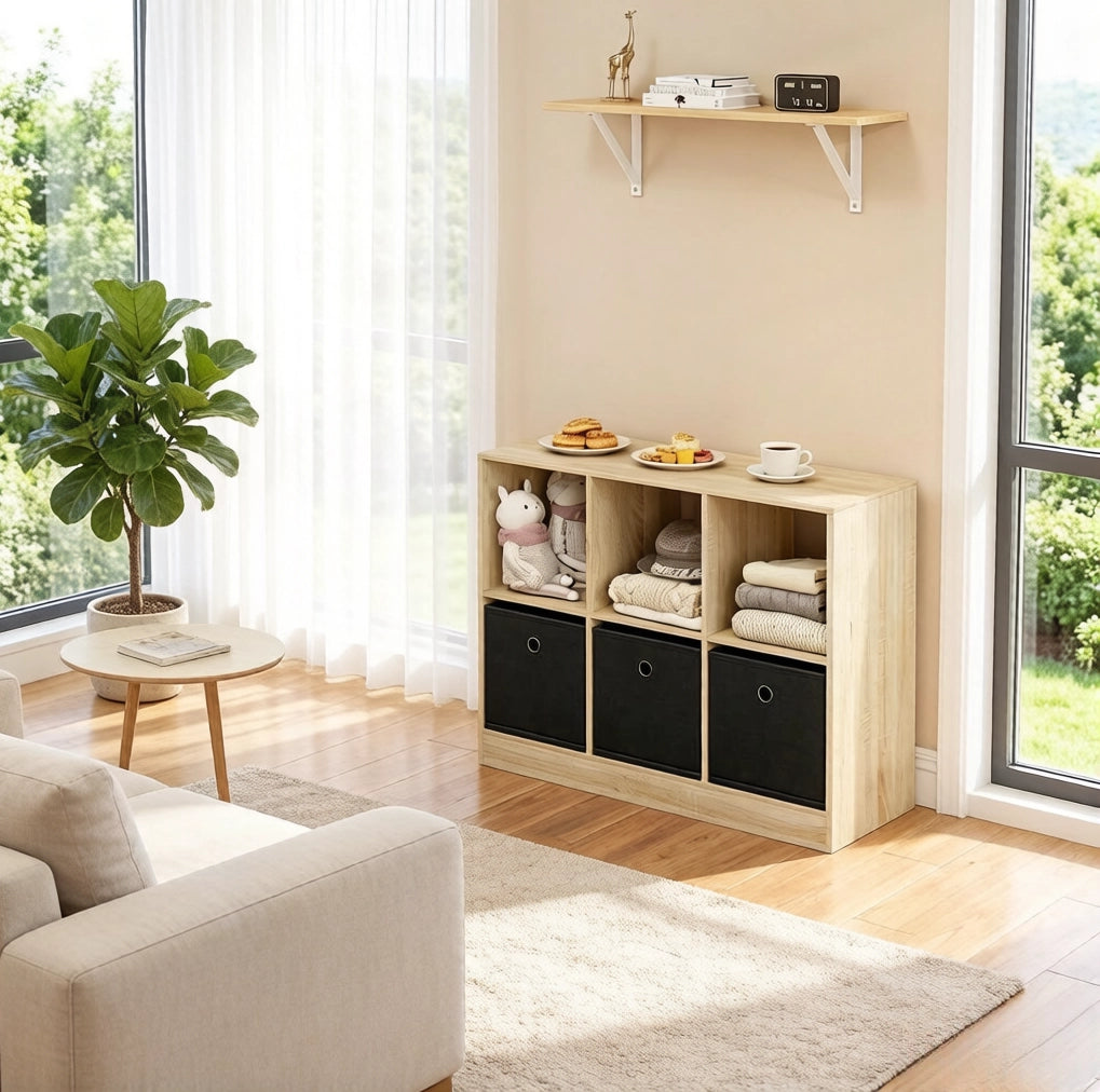 Libreria ULEVR 80x30x61 cm con cubi e 3 cassetti in tessuto, rovere chiaro e nero