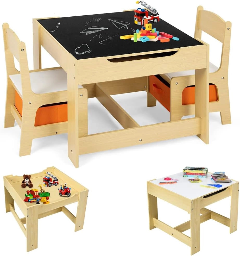 3 in 1 Tavolo e Sedie per Bambini, Set Mobili di 3 Pezzi Camera, Tavolino Bianco e Nero da Gioco, Multiuso, Cosigliata Età 3-7 Anni, in Legno