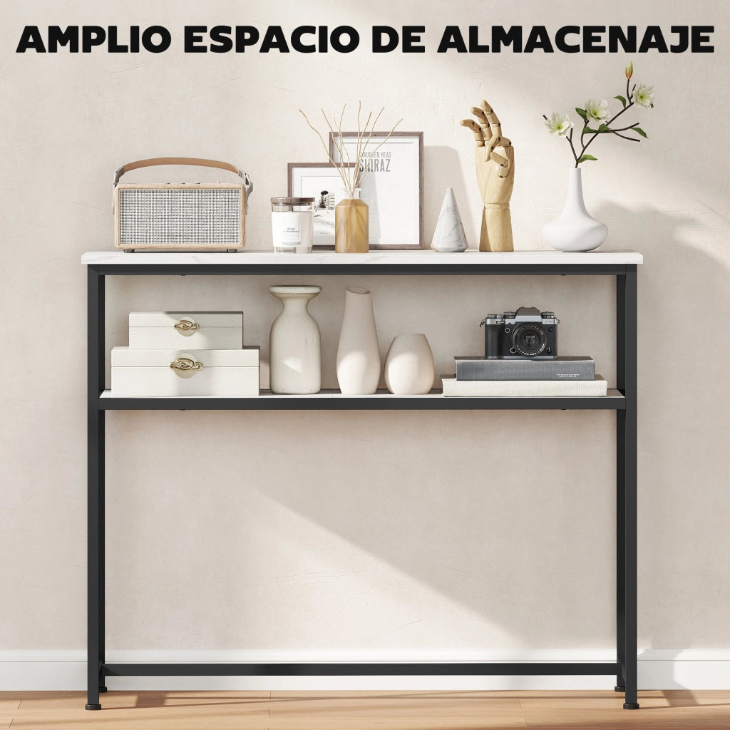 Consolle Ingresso Stretto con Ripiano Effetto Marmo e Telaio in Metallo 100x30x81 cm Bianco ¨C Minimal