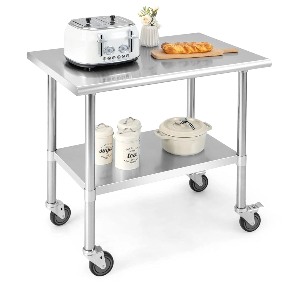 Tavolo da Lavoro in Acciaio Inox, Tavolo di Preparazione Alimentare/Porta Attrezzi con Ruote e Ripiano Inferiore Regolabile, per Cucina, Ristorante, Officina e Garage, 91,5 x 61 x 89,5 cm