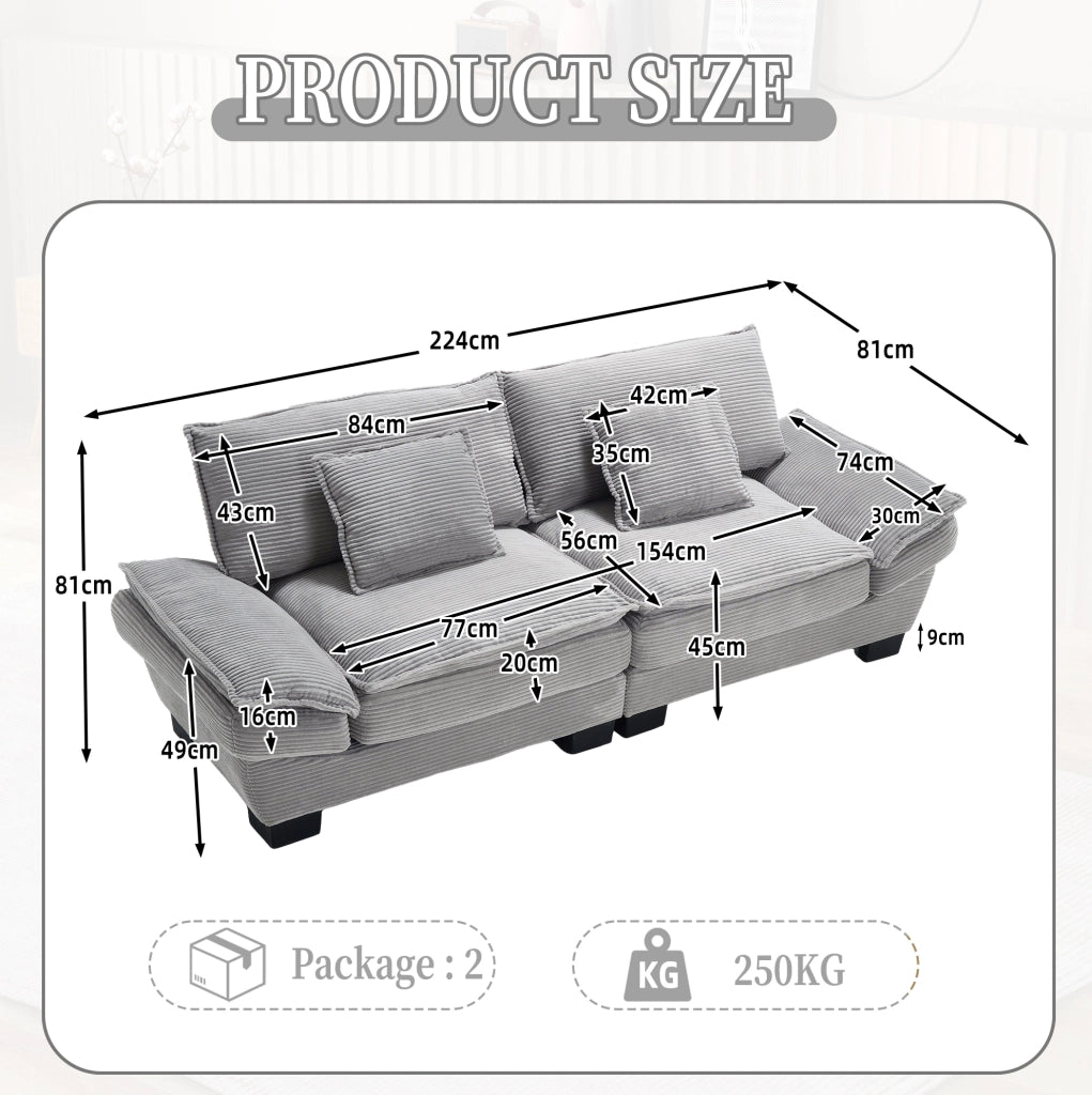Divano 2 posti in velluto grigio chiaro 224 cm