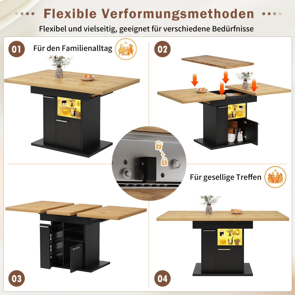 TAVOLO Allungabile 110-140x80x77,2 cm MDF Nero con LED e spazio contenitore