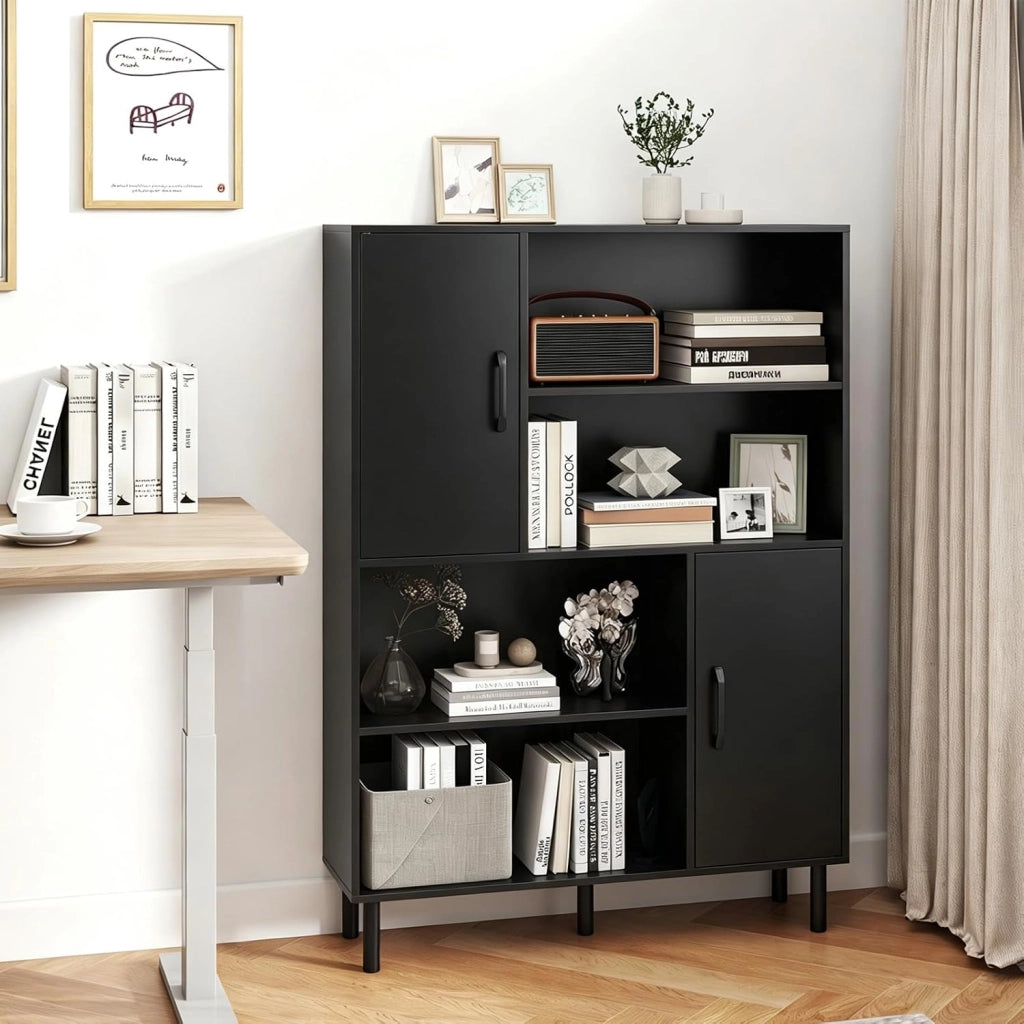 Libreria in Legno a 4 Livelli, Mobile da Cucina 84 X 24 X 119,5 CM con 2 Ant e 4 Ripiani Aperti, Credenza Buffet con Dispositivo Anti-Ribaltamento per per Soggiorno, Cucina, Studio (Nero)