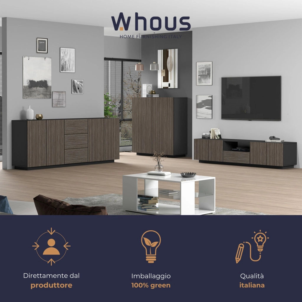 WHOUS Credenza Coste a 4 ante e 3 cassetti antracite opaco e legno scuro 220,1x43x86 cm