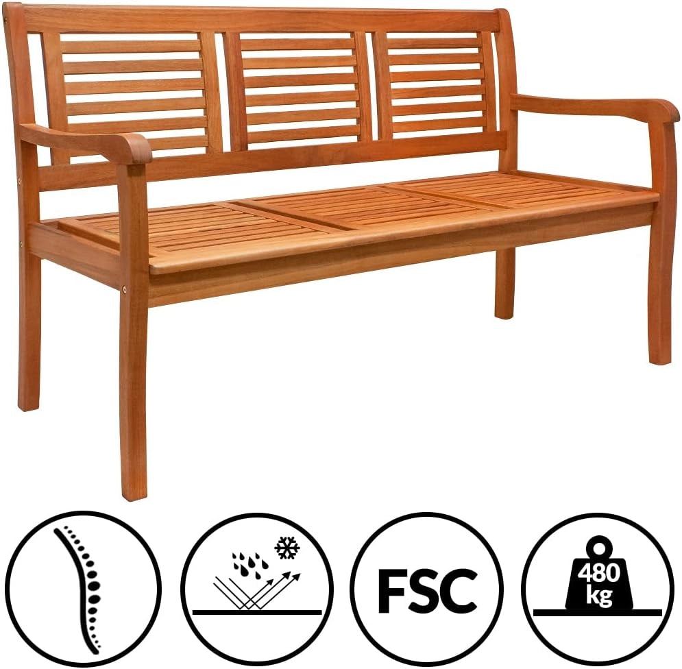 Panchina da giardino Bologna in Legno di Eucalipto Resistente 153x60x90cm Portata 480kg Panca da Esterno 3 Posti