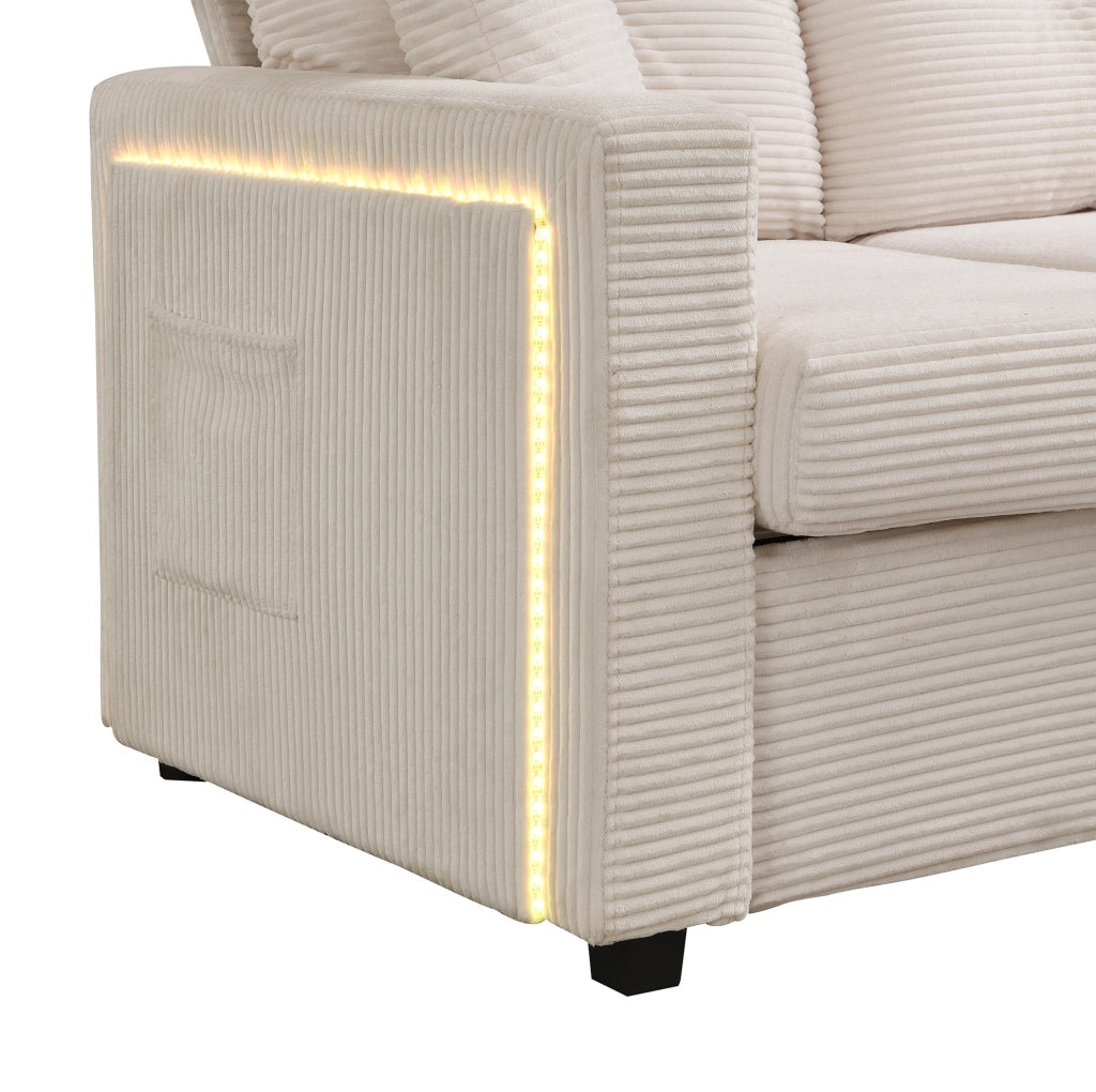 Divano angolare L-form con LED, pouf multifunzione, tessuto a coste beige
