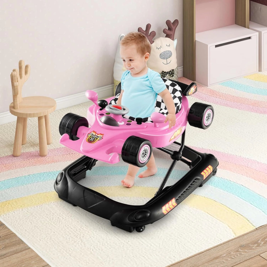 4 in 1 Girello per Bambini, Primi Bassi per Neonati con Altezza Regolabile, Girello Pieghevole con Vassoio Rimovibile, Musica e Luci, per Bambini 6+ Mesi (Rosa)