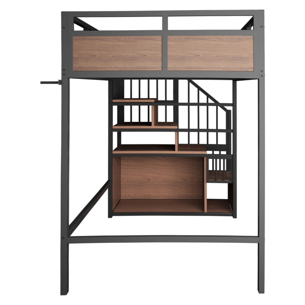 Letto a Soppalco 90 x 200 cm con LED; Scala Contenitore e Guardrail in Metallo Nero