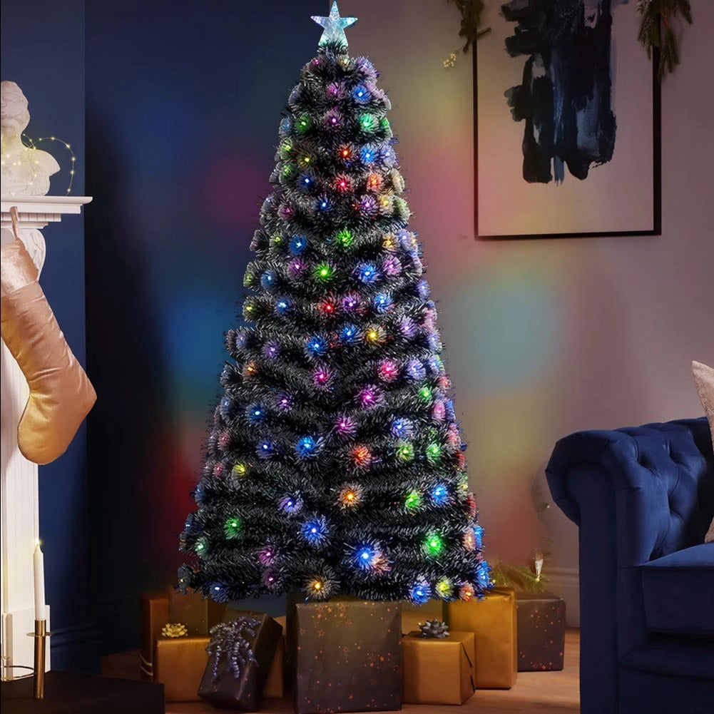 Albero di natale Luminoso 150cm con Luci LED Fibra Ottica Multicolor Innevato
