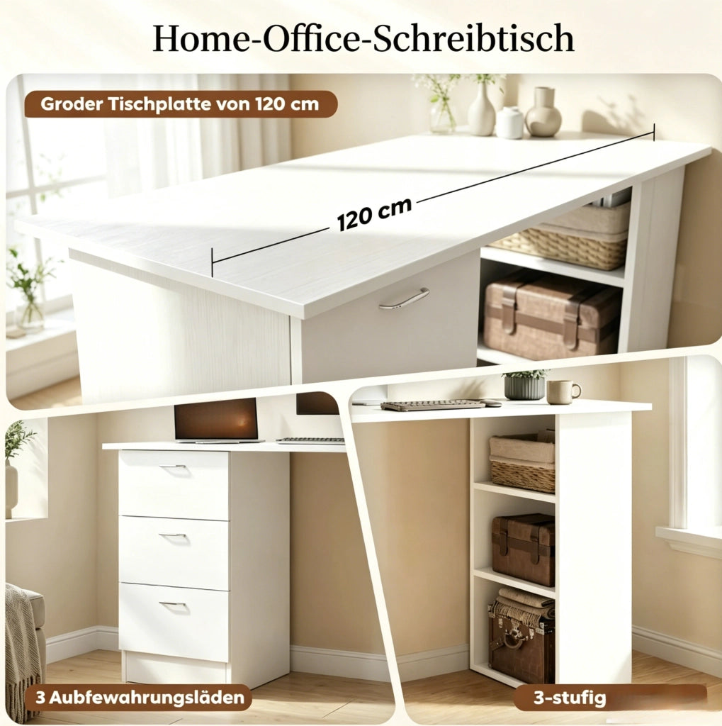 Scrivania bianca in MDF con 3 cassetti e 3 ripiani
