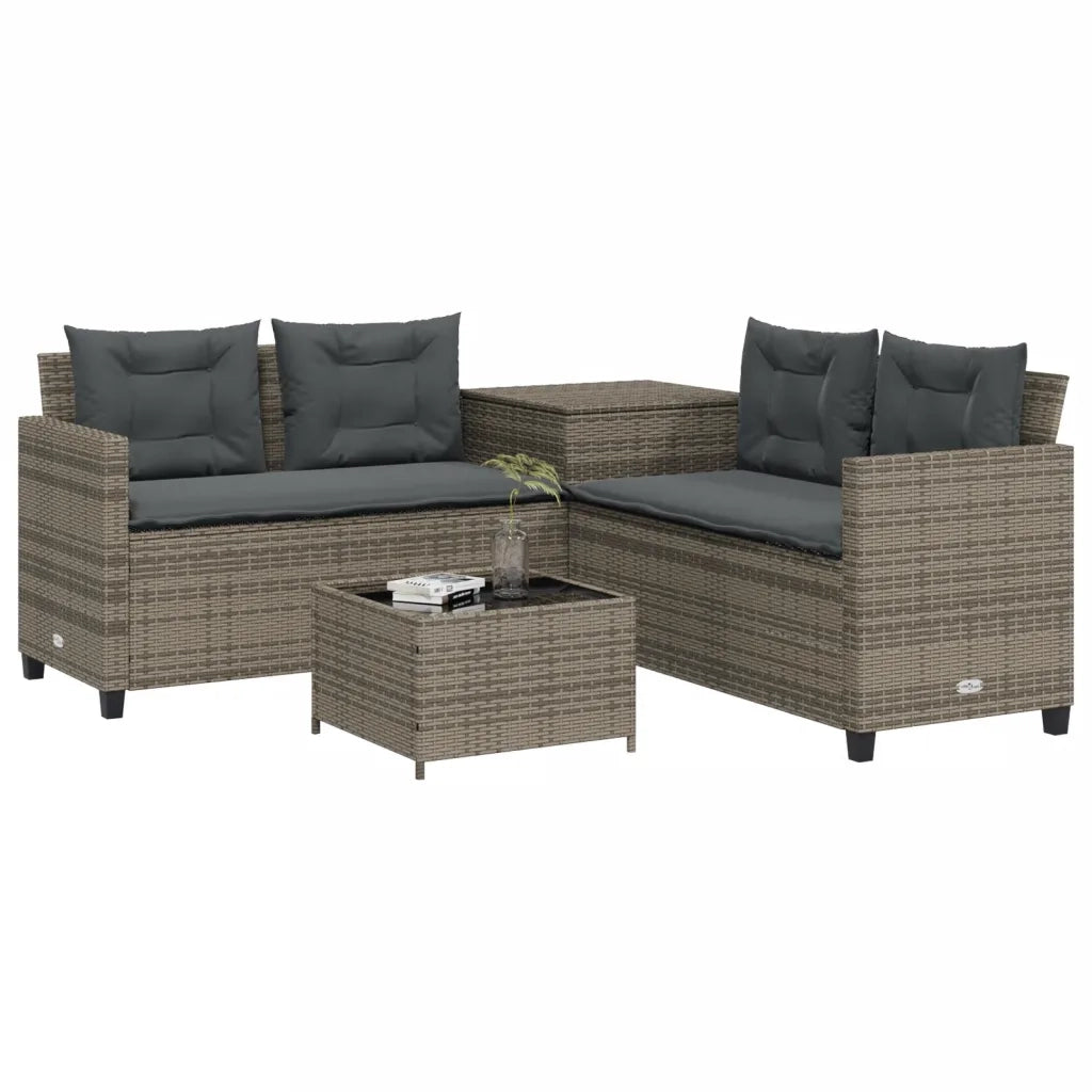 Divano da Giardino con Tavolo e Cuscini a L-Sofa da Giardino-Divano da esterno Grigio Polyrattan 348455