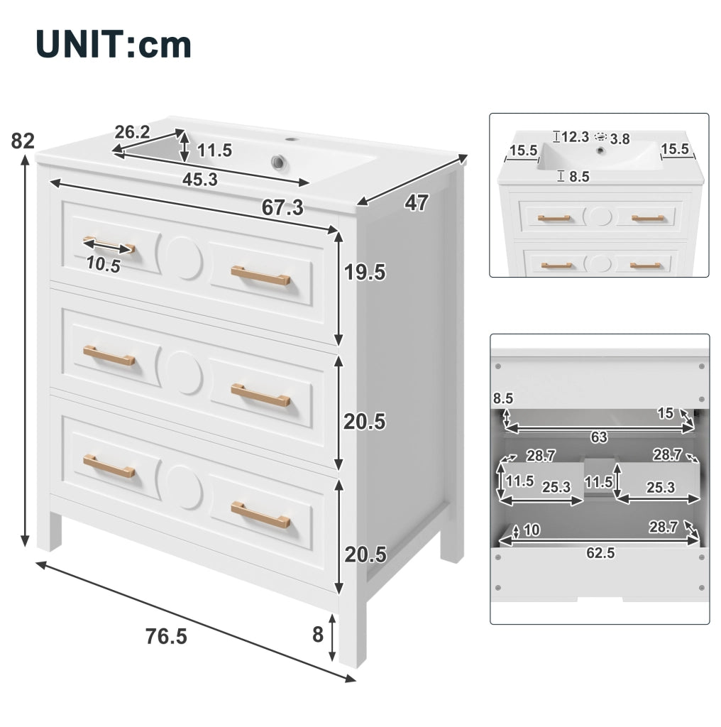 Mobile lavabo freestanding bianco 76,5x47x82 cm in MDF e ceramica con 3 cassetti