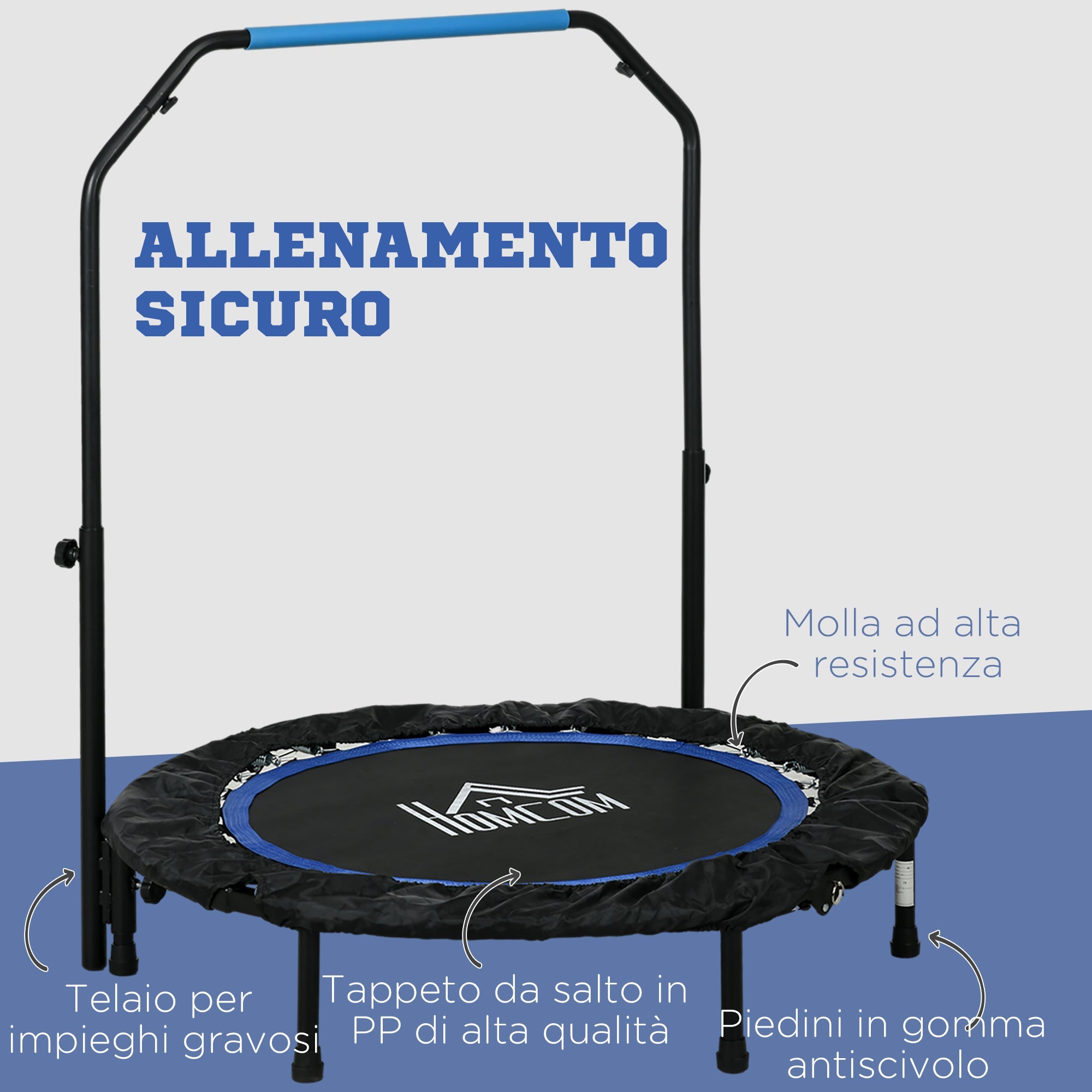 Mini Trampolino Fitness Ø102 cm Regolabile in Altezza Pieghevole con Manubrio Blu
