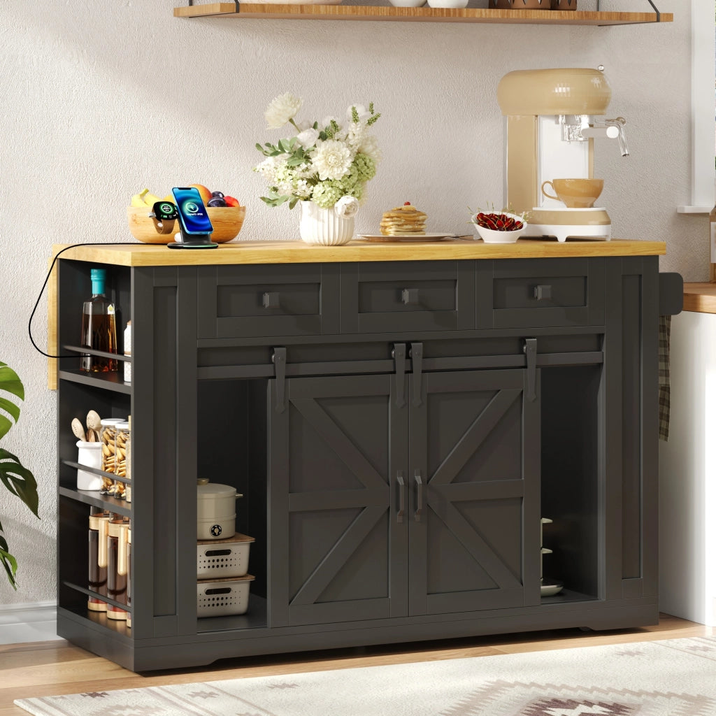 Carrello da cucina con piano pieghevole, 3 cassetti, prese integrate e ripiani, per cucina, 130 × 50 × 87 cm
