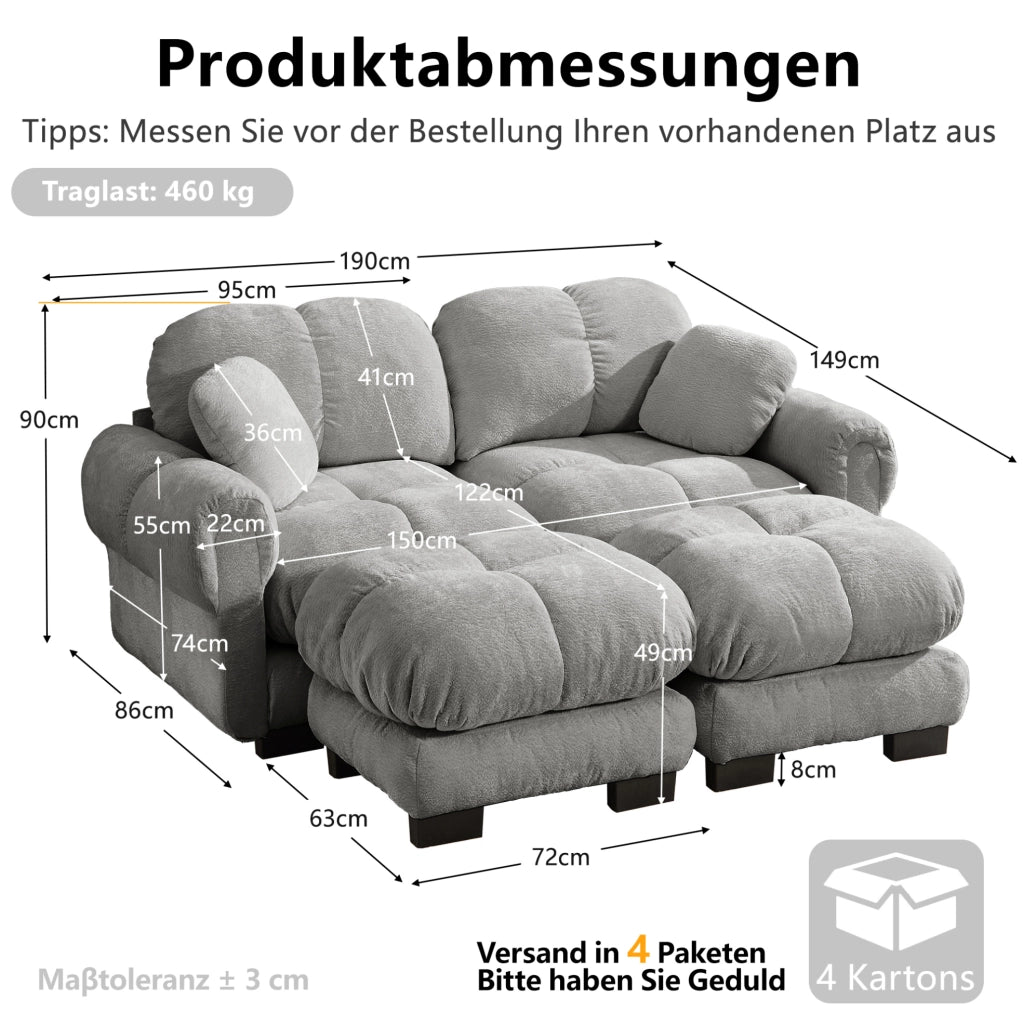 Divano modulare in chenille con pouf mobile 190x149x90 cm; trapuntato; grigio chiaro