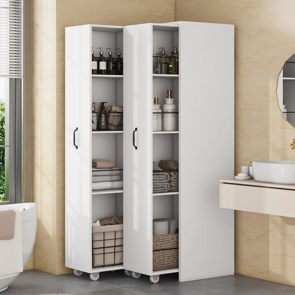Libreria estraibile con ruote, 4 ripiani, MDF, bianco, moduli reversibili sinistra/destra, 51,5x41x158 cm