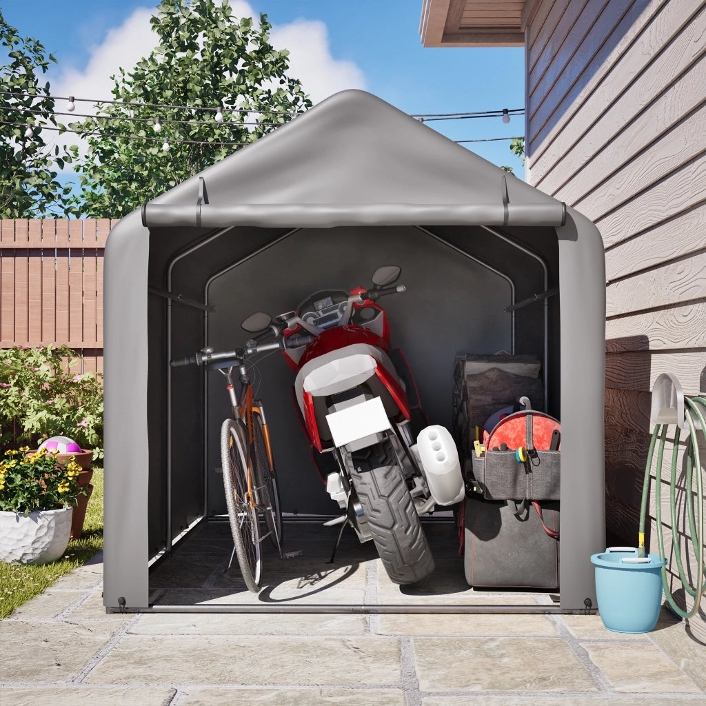 Garage per biciclette 160x220x165 cm grigio, porta a rullo, struttura in acciaio nero verniciato a polvere, PE resistente alle intemperie