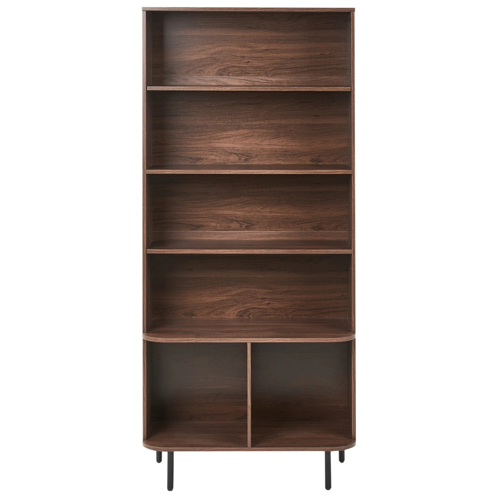 Libreria a 5 ripiani in MDF, impiallacciatura di carta, truciolato e ferro laminato, colore marrone scuro