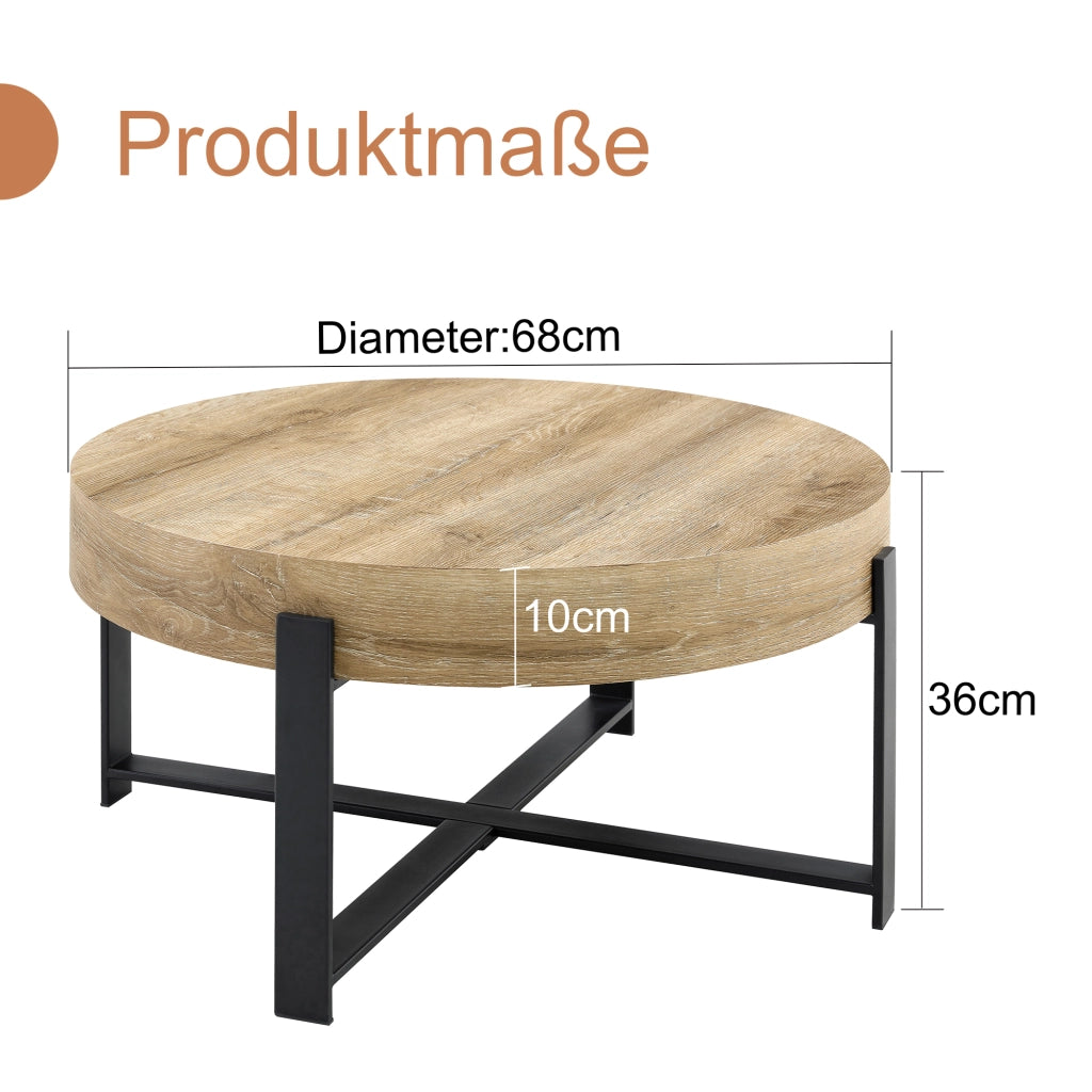 Tavolino da caffè rotondo con base a croce - per soggiorno o camera - 68 x 36 cm - nero e legno