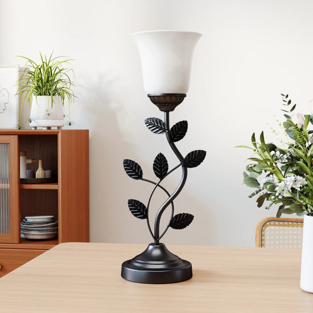 Lampada da tavolo vintage con paralume vetro tulipano e foglie metallo, Lampada da tavolo retr¨° e27 con interruttore Nero-Lampade