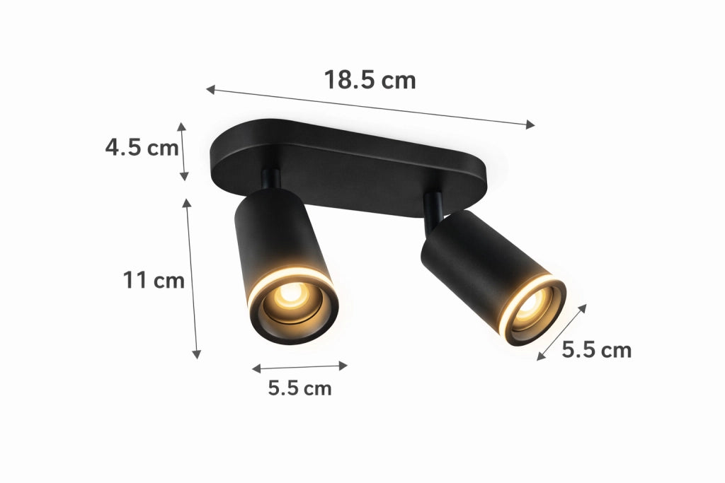 Faretto a Soffitto 2 Luci Orientabili GU10 in Alluminio Nero, Plafoniera Spot Doppio Cilindrico per Interno, Portalampada GU10 per Cucina Corridoio Camera Soggiorno, Lampadine non incluse