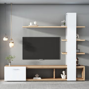 Mobile TV da parete 180x33.5x151.5 cm per TV fino a 60 pollici con ripiani e anta in truciolare bianco e naturale