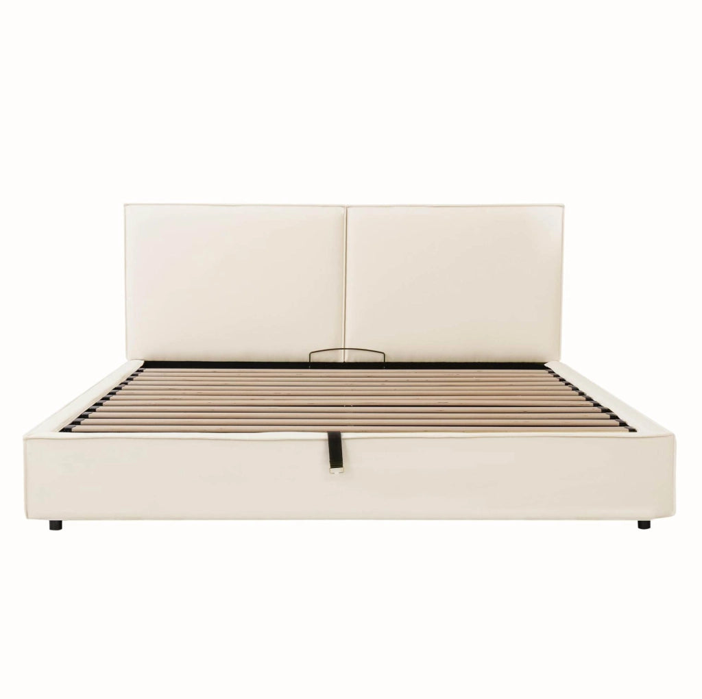 Letto matrimoniale 180x200 cm con contenitore idraulico; testiera imbottita in lino beige