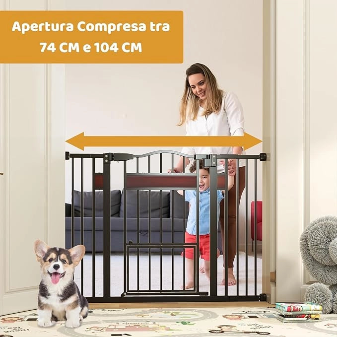 Cancelletto per Bambini per Aperture 74-104 cm, Cancello per Bambino con Porta Piccola, 2 Estensioni e Doppio Blocco, Cancelletto in Metallo da Interno per Cucina, Scale e Soggiorno (Nero)