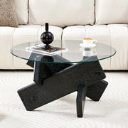 Tavolino da caffè rotondo 79 cm con piano in vetro e base incrociata in MDF e vetro nero trasparente