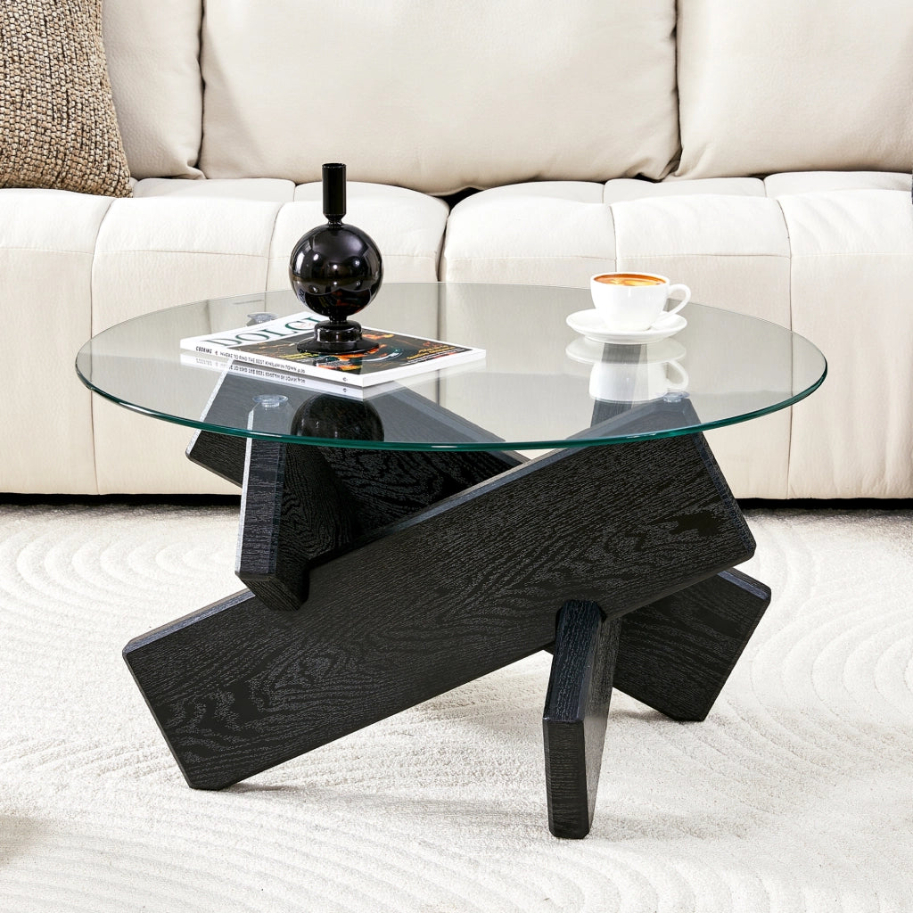 Tavolino da caffè rotondo 79 cm con piano in vetro e base incrociata in MDF e vetro nero trasparente