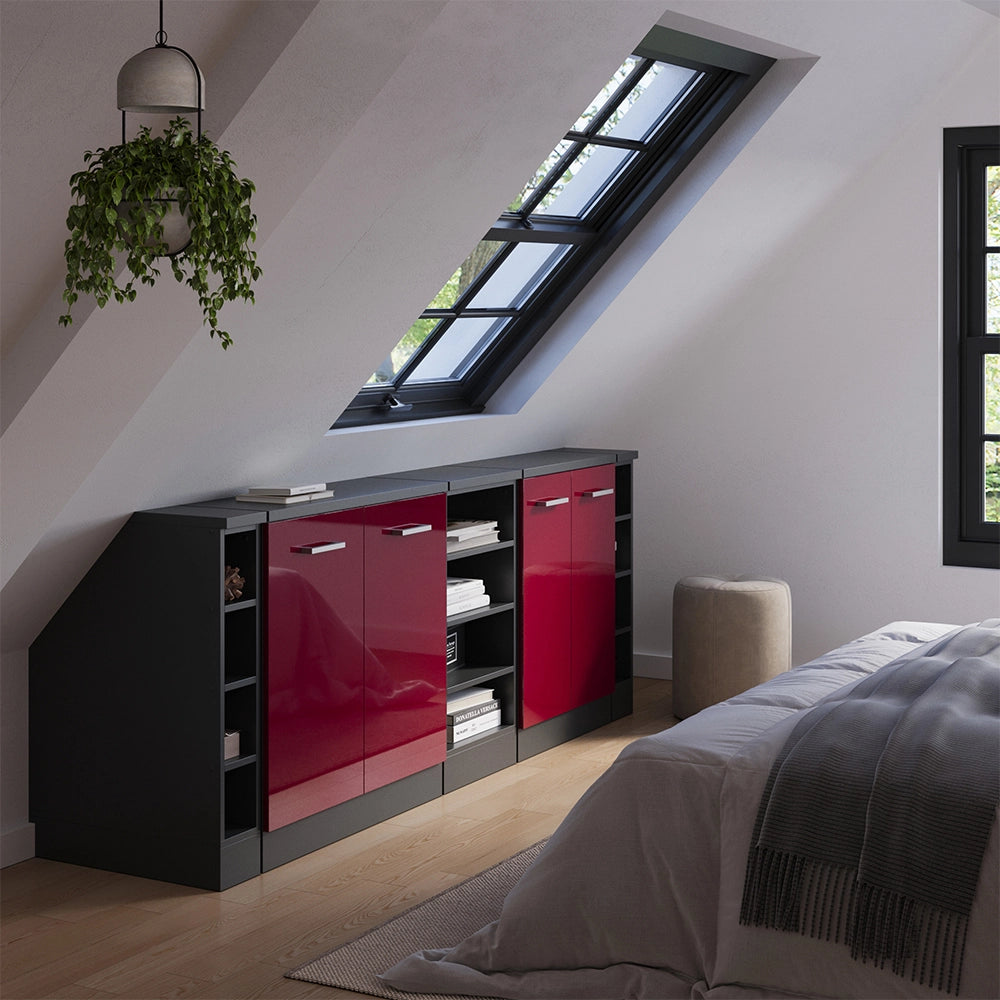 Set di mobili sottotetto Rion Rosso lucido/Antracite 210 cm Set di 5 carcasse armadio profondità 60 cm Vicco