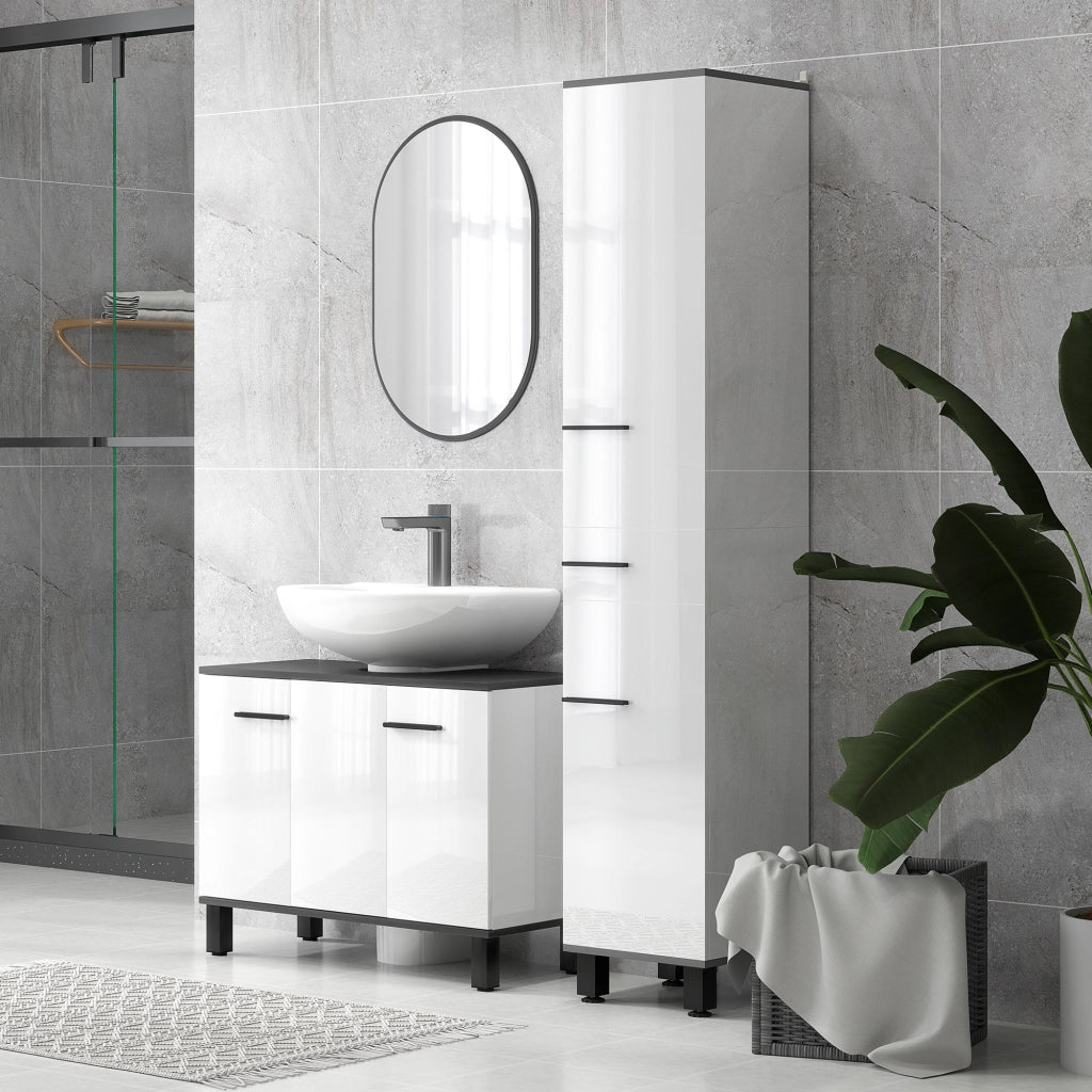 Mobile Sottolavabo Bagno con Armadietto ¨C zephmum ¨C Bianco Lucido 80x34x60 cm
