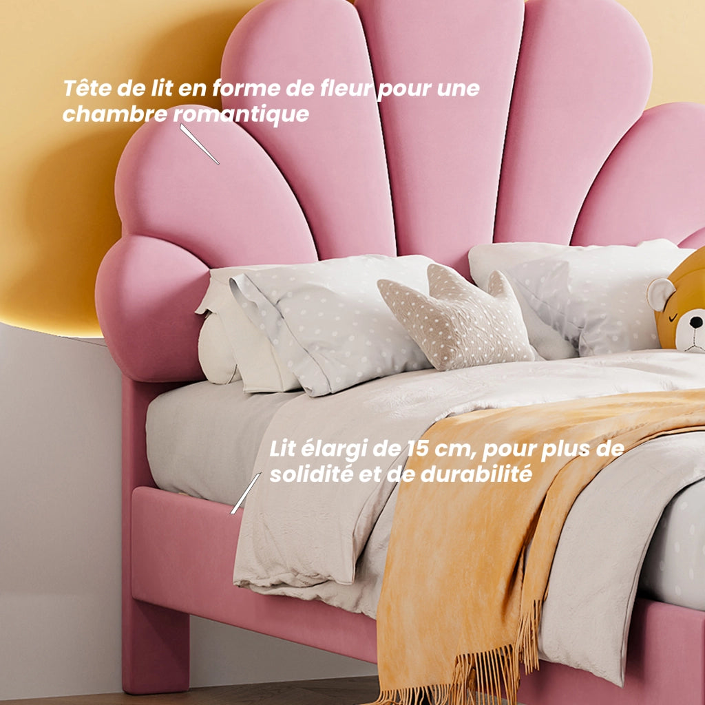Letto Singolo 90×200 cm; 1 Posto con Testiera a Fiore; senza Materasso; Imbottito; Rosa