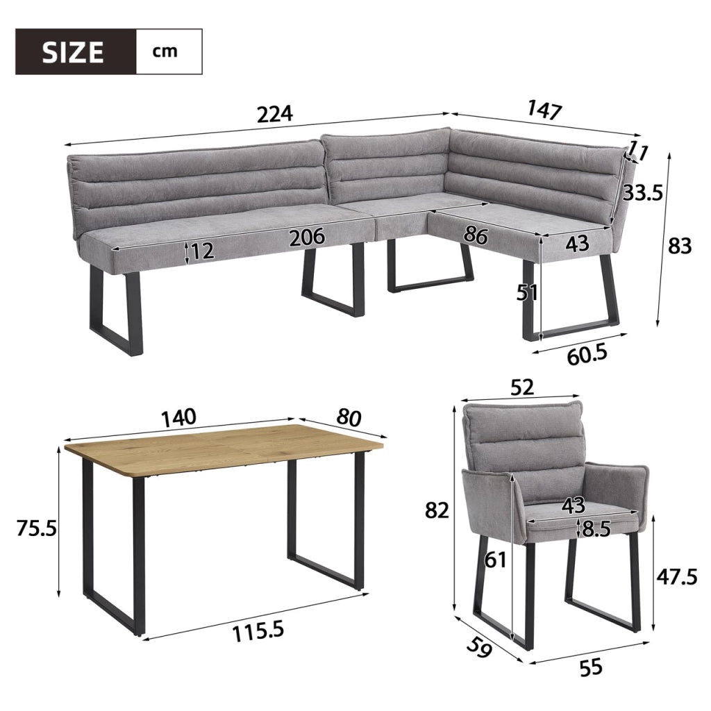 Set da pranzo ad angolo, composto da panca ad angolo e 2 poltrone, in ciniglia, grigio e color naturale