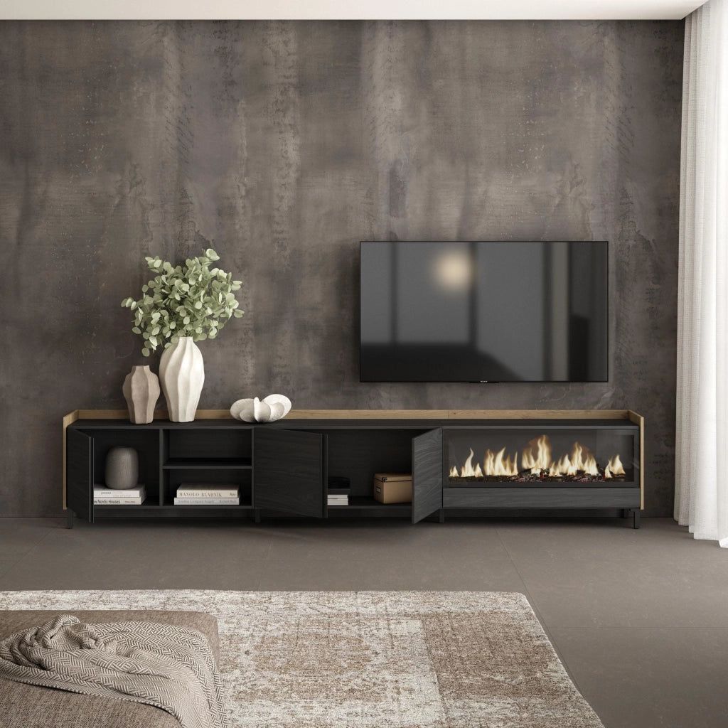 Mobile TV Soggiorno, 315x61x35 cm, Per TV fino a 80", Camino elettrico XXL, Design industriale, Nero e rovere
