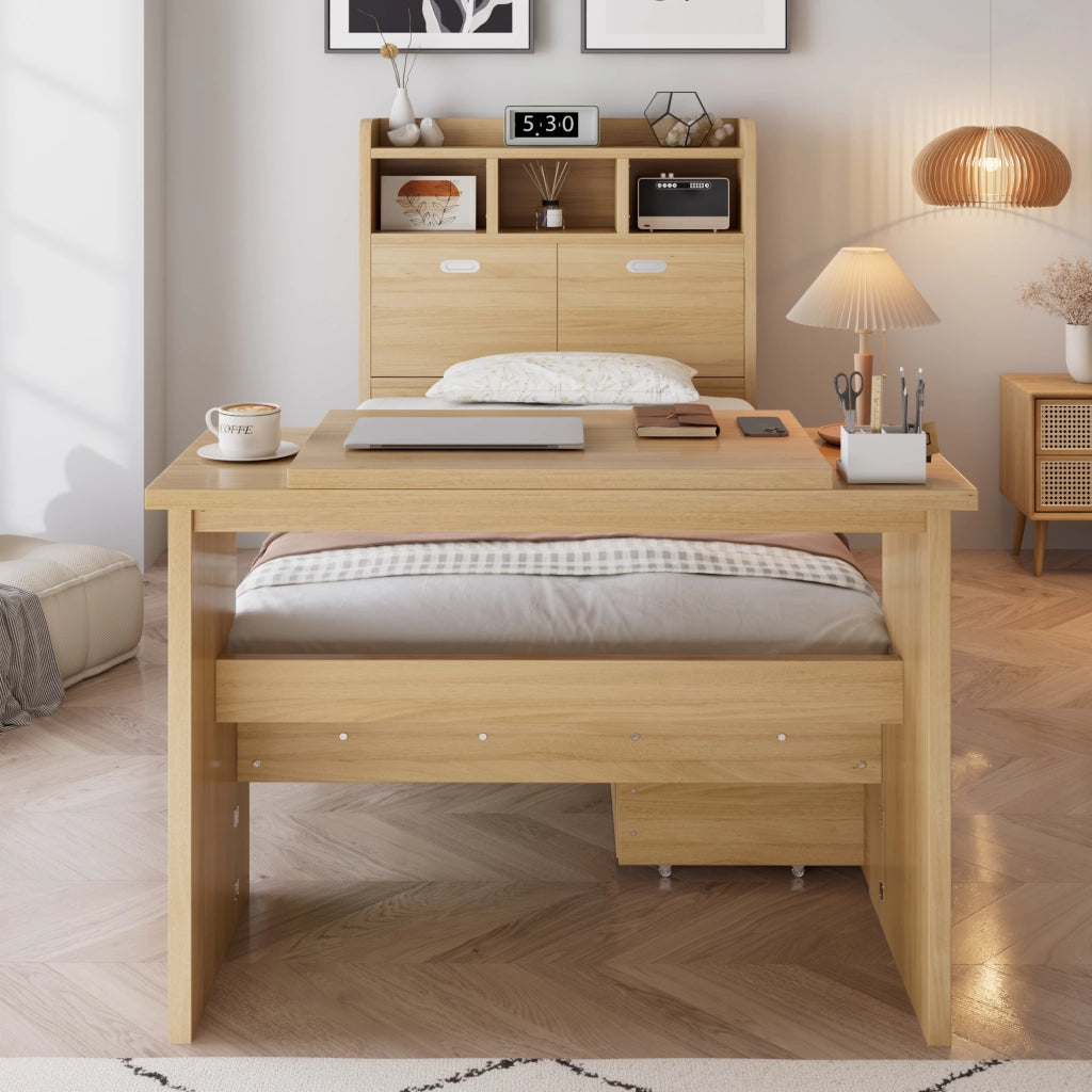 Letto Singolo 90x200 cm con Cassetto; Tavolo Pieghevole e Ripiani Testiera in Legno Naturale