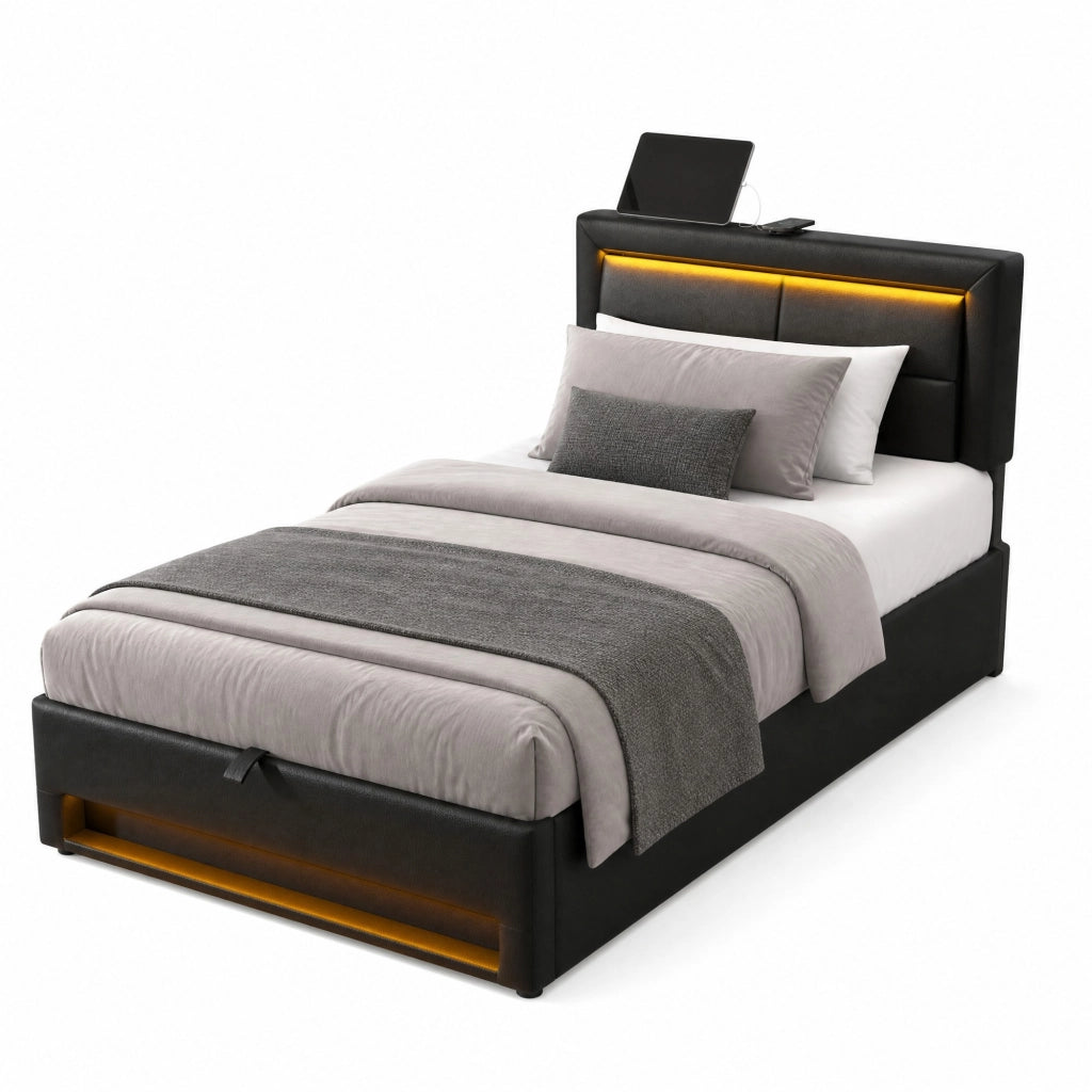 Letto imbottito 90 x 200 cm con LED, USB e vano contenitore