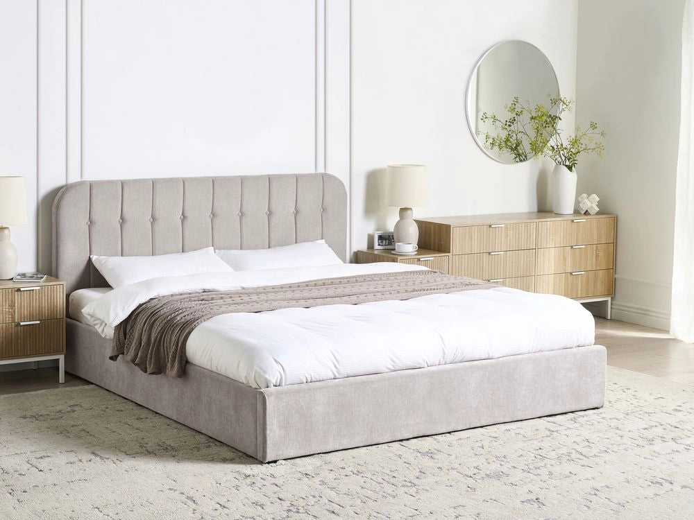 Letto matrimoniale 180 x 200 cm in tessuto di ciniglia Base letto a doghe Testiera trapuntata tortora