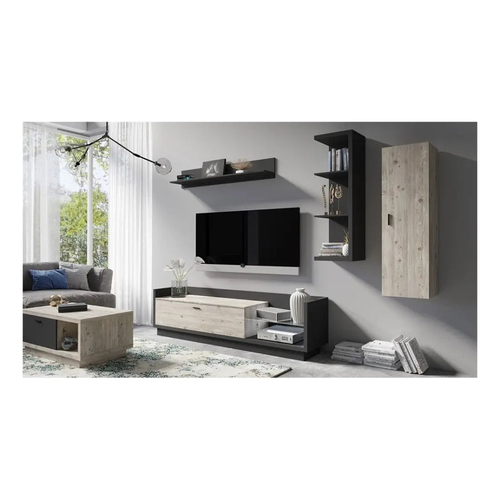 Mobile TV XL 220cm. Collezione CORK. Colori grigio antracite e pino.