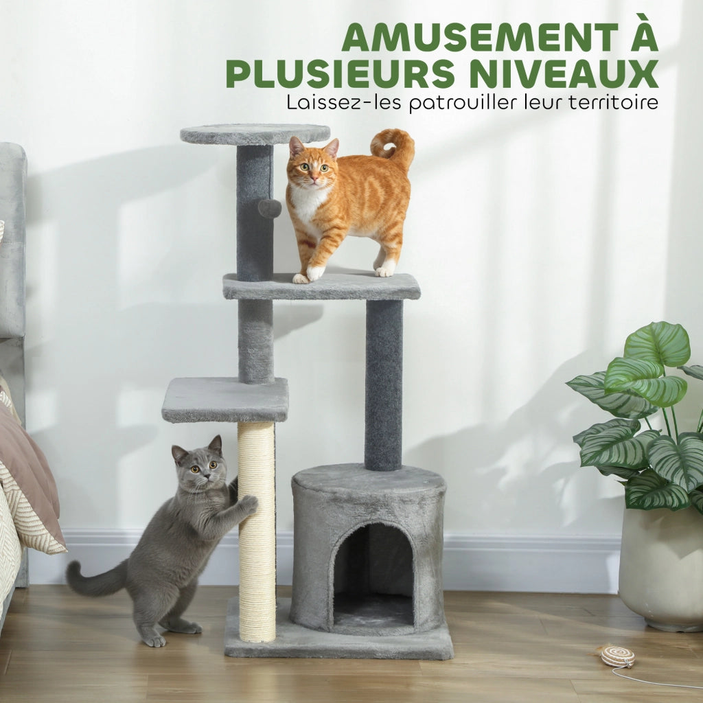 Arbre ¨¤ Chat con Piattaforme, Tana e Palla in Peluche, Paletti in Sisal ¨C zephmum ¨C Grigio 103 cm