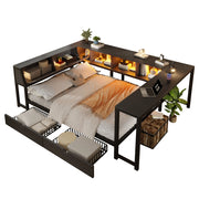 Letto matrimoniale 140 × 200 cm 2 posti con 2 cassetti, LED multicolore e scrivania, senza materasso, nero