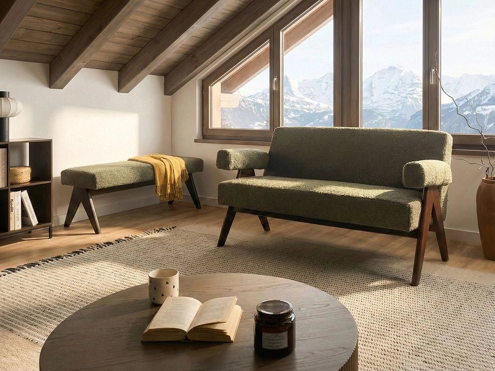 Divano a 2 posti Rivestimento in bouclé verde e marrone scuro Design retrò Gambe in legno Soggiorno