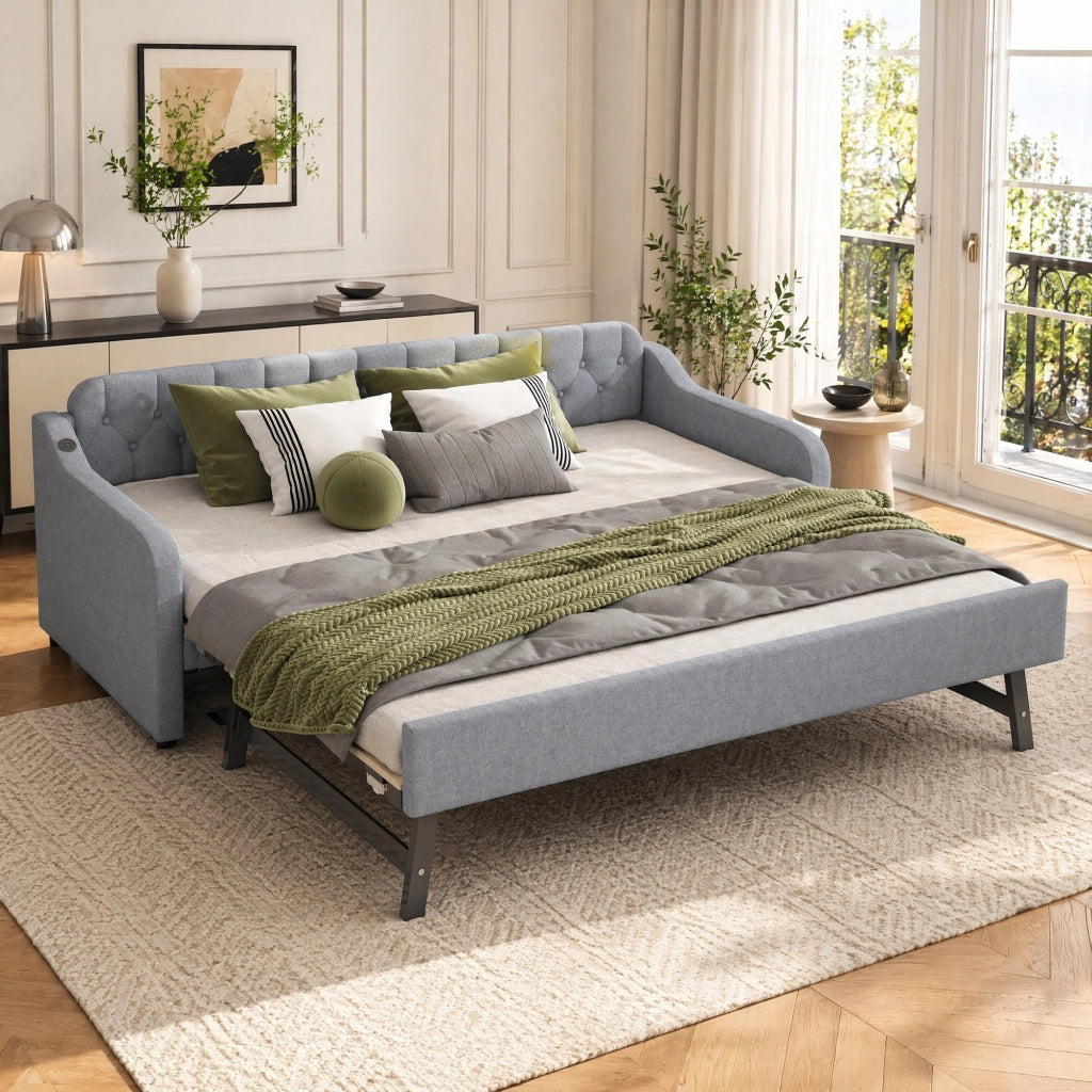Divano letto estraibile 90x200 cm con USB e rete a doghe; in lino grigio