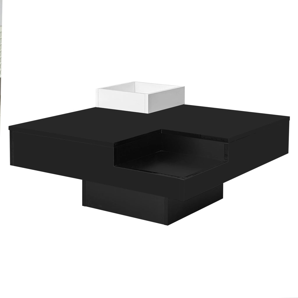 Tavolino da Salotto con Box Contenitore Rimovibile e LED; Finitura Lucida; per Soggiorno; in Truciolato; Nero